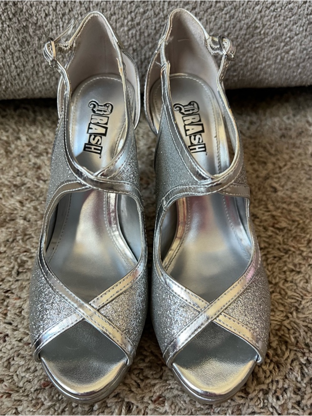 Brash Silver Glitter Peep-Toe Crisscross Slingback Heels